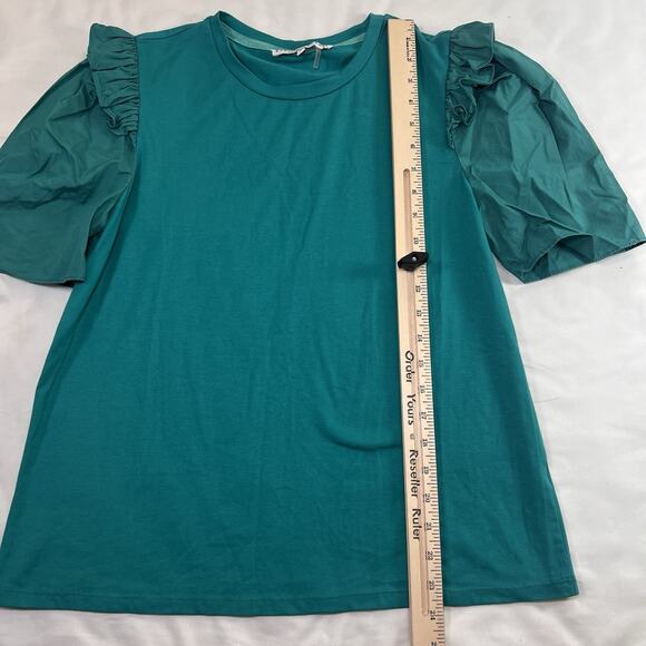 ENGLISH FACTORY Top Size M Teal Green Mini Ruffle Puff Sleeve Crew Neck T-Shirt - Picture 10 of 13